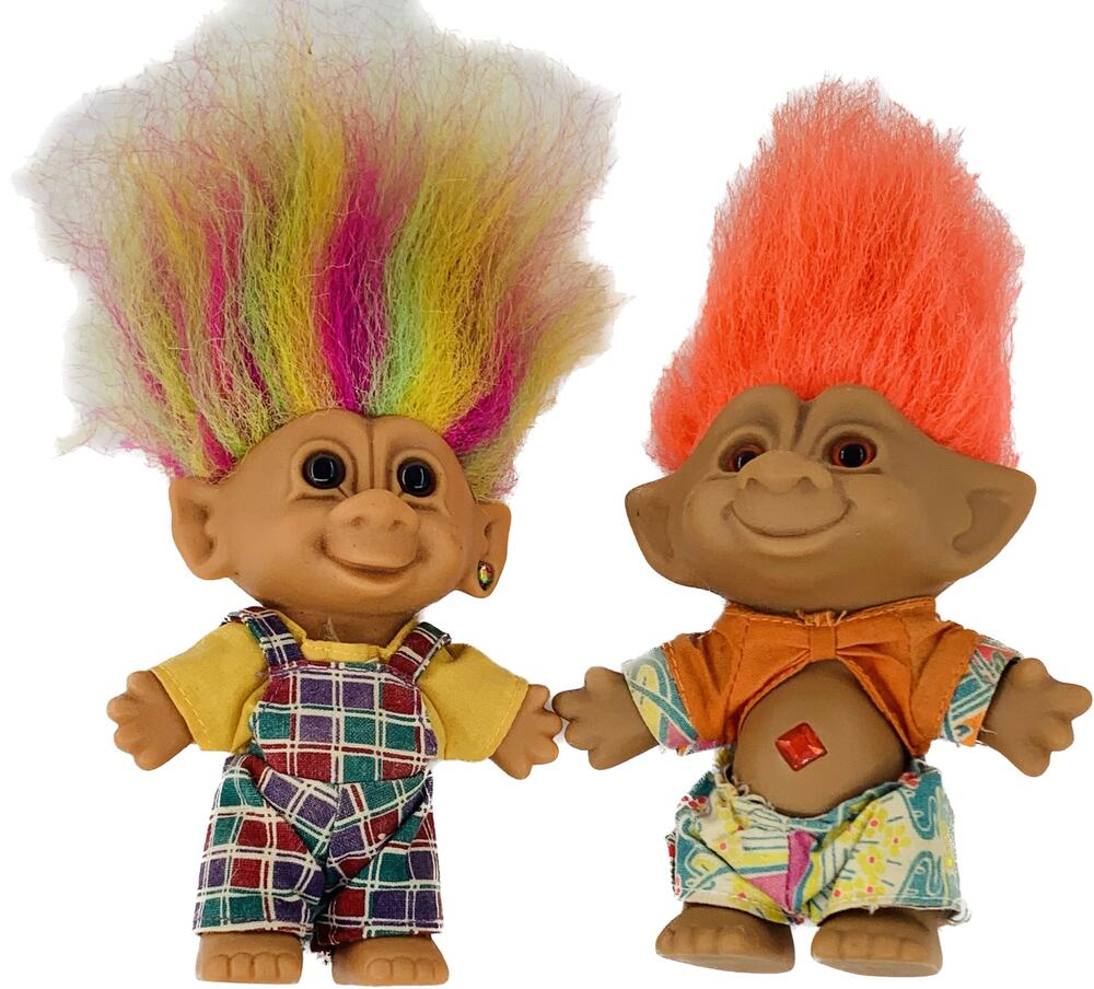 Vintage 1980s Troll Dolls Ace Bright Rainbow Hair Overalls Orange Hair Punk Lot
